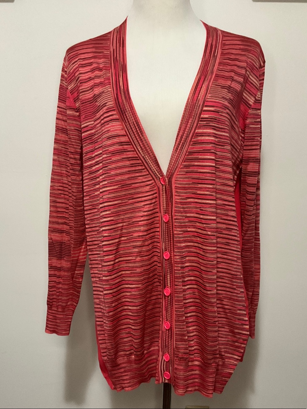 M Missoni Coral Pink Multistripe V-Neck Button Silk Cardigan 44 US 8 M